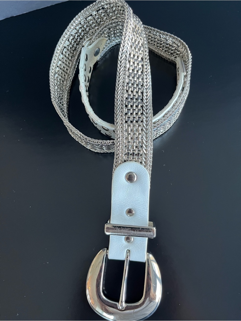 Vintage Express White Leather Metal Mesh Belt-32” Boho Cowboy Western 80’s 90’s